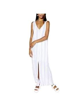 Sadie & Sage High Tide Costal Button Down Maxi Dress White Blue Tan Stripes Sz S